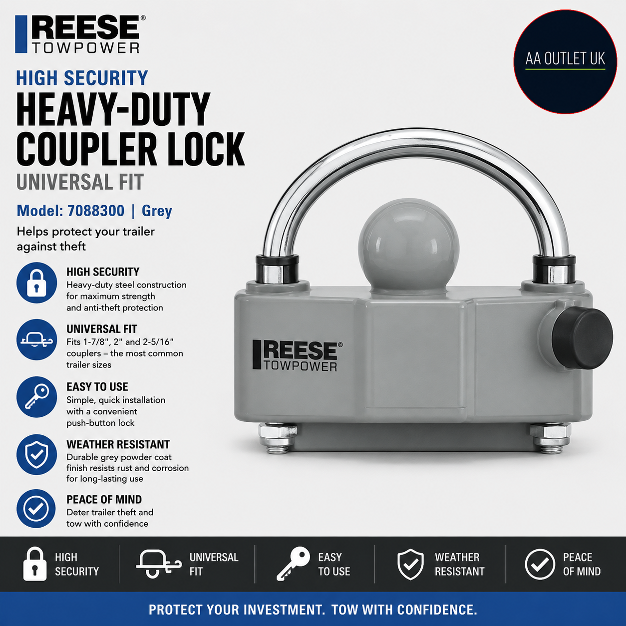 Reese Towpower 7088300 Heavy Duty Coupler Lock Grey Trailer Security Design