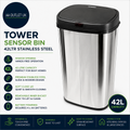 Tower Sensor Silent Lid Mechanism Bin 42L Stainless Steel 62x34x25 Silver