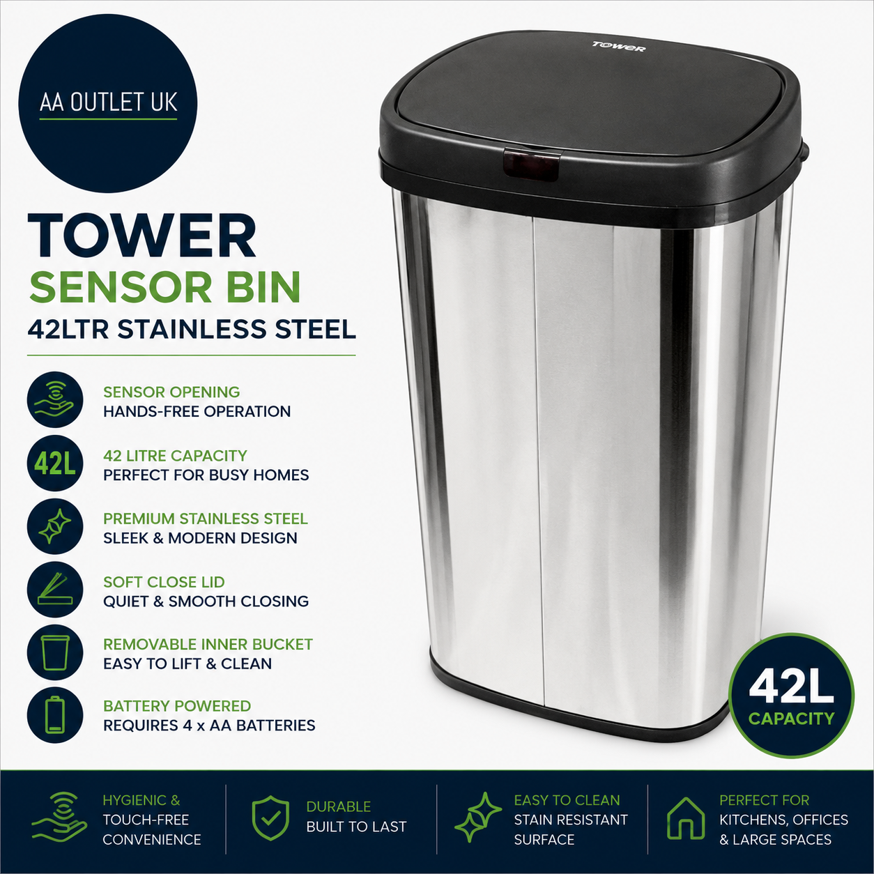 Tower Sensor Silent Lid Mechanism Bin 42L Stainless Steel 62x34x25 Silver