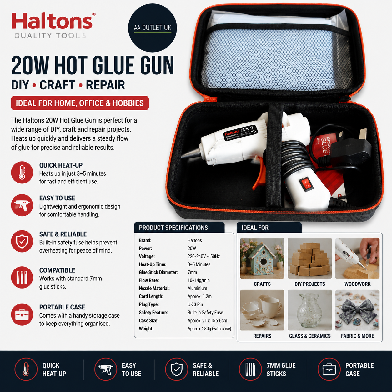 Haltons 20W Hot Glue Gun Sticks DIY Craft Repair Wood Glass Metal Durable