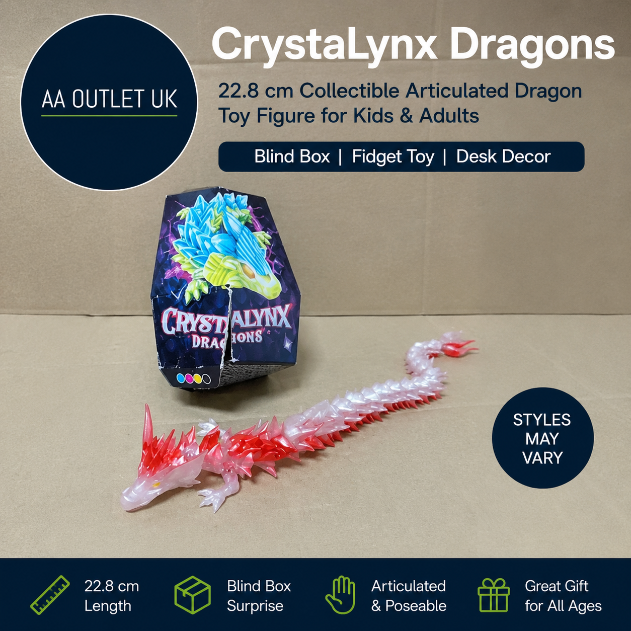CrystaLynx Dragons 22.8cm Collectible Articulated Dragon Toy Figure 8+ New