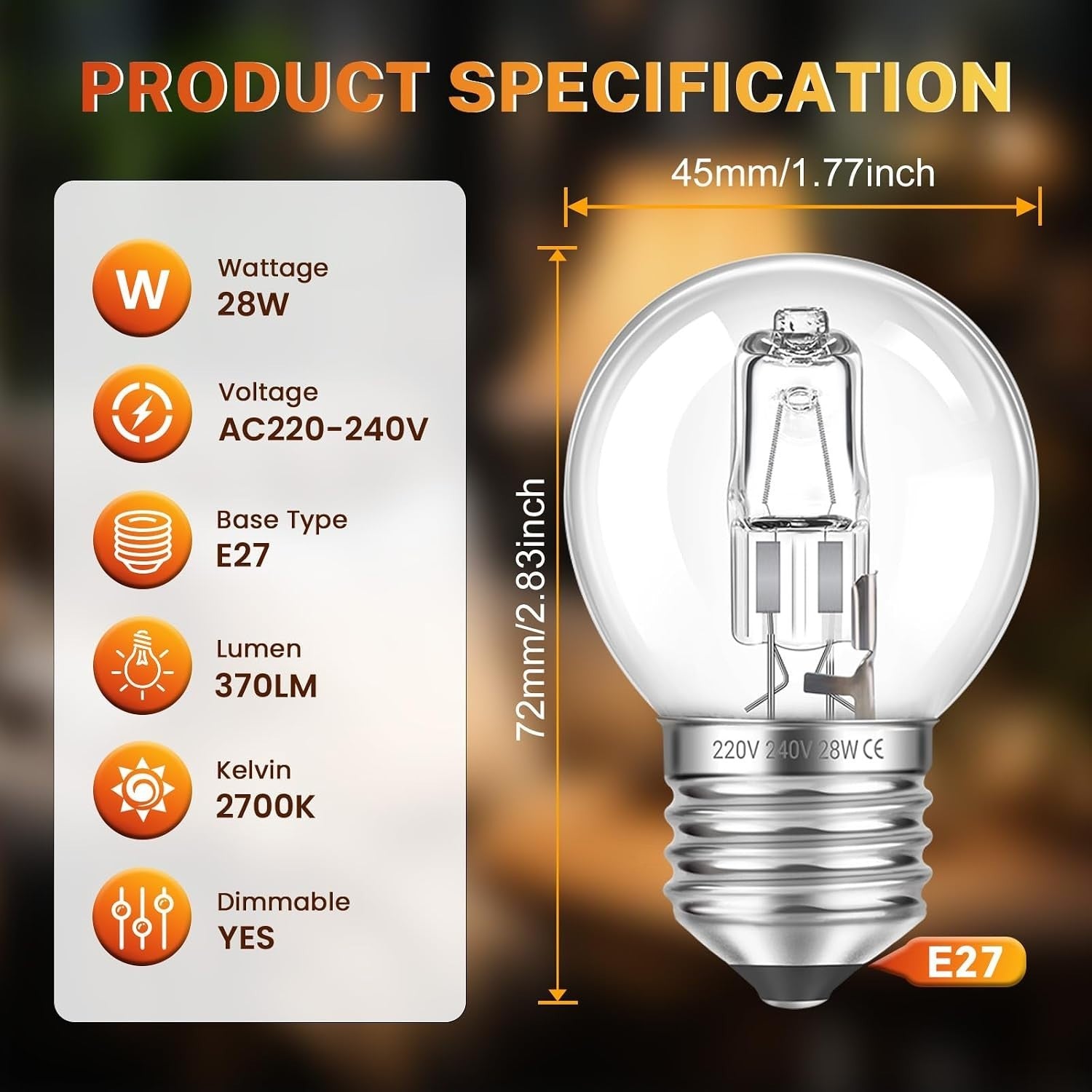 SCNNC G45 E14 Golf Ball Bulb 28W Dimmable AC 230V Warm White 2700K 4pc New