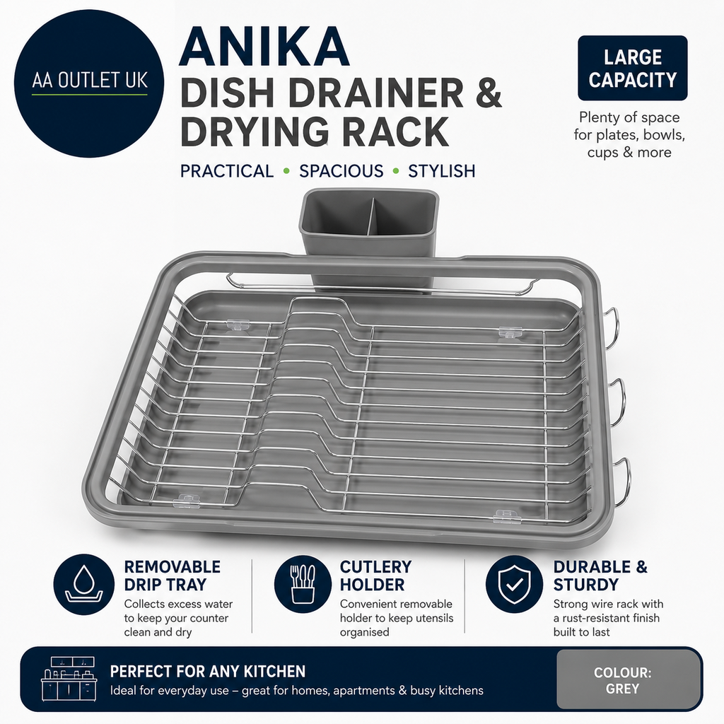 Anika Kitchen Dish Drainer Drying Rack Removable Drip Tray Cutlery Holder Large