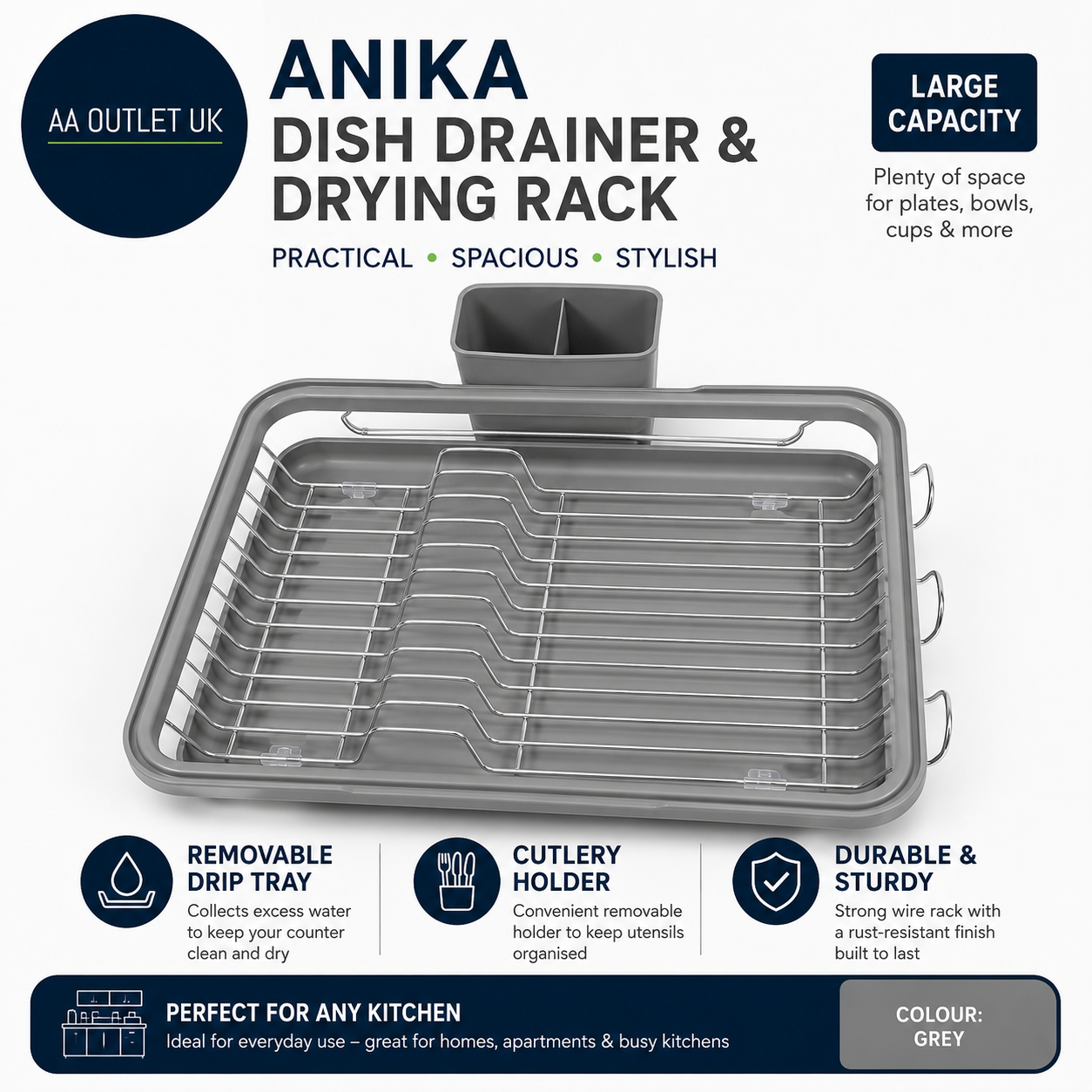 Anika Kitchen Dish Drainer Drying Rack Removable Drip Tray Cutlery Holder Large