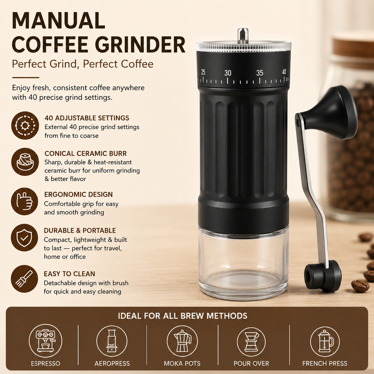 Manual Coffee Grinder External 40 Adjustable Settings Coffee Bean Hand Black