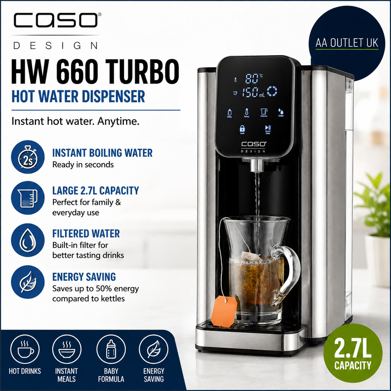 Caso Design HW 660 Turbo Hot Water Dispenser Home 2.7L Instant 2600W
