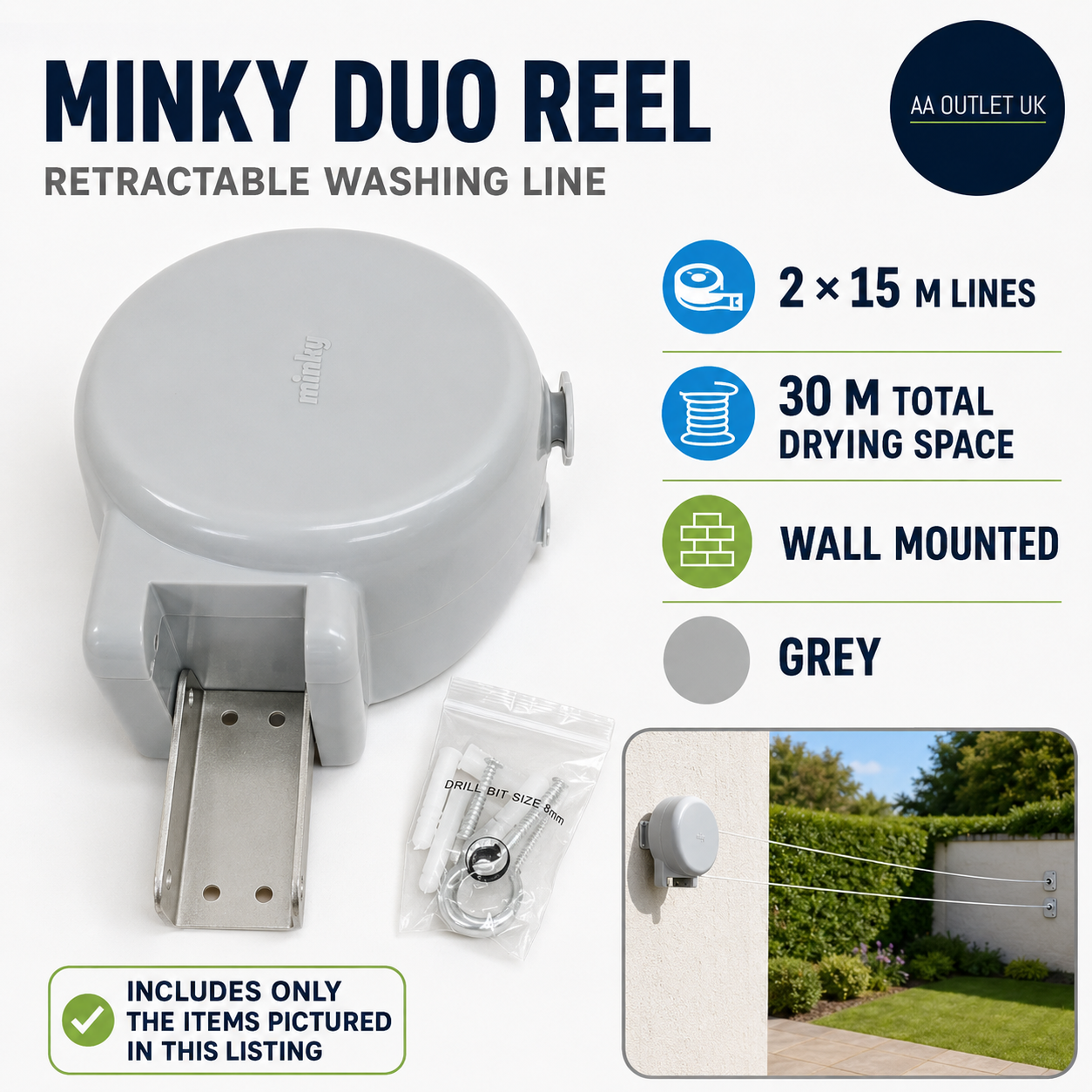 Minky Retractable Duo Reel Washing Line Grey 2x15m Outdoor Clothes Line