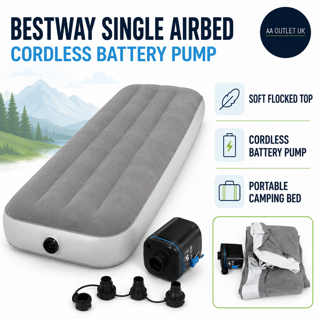 Bestway Premium Camping Single Airbed Cordless Battery Pump Flocked Inflatable