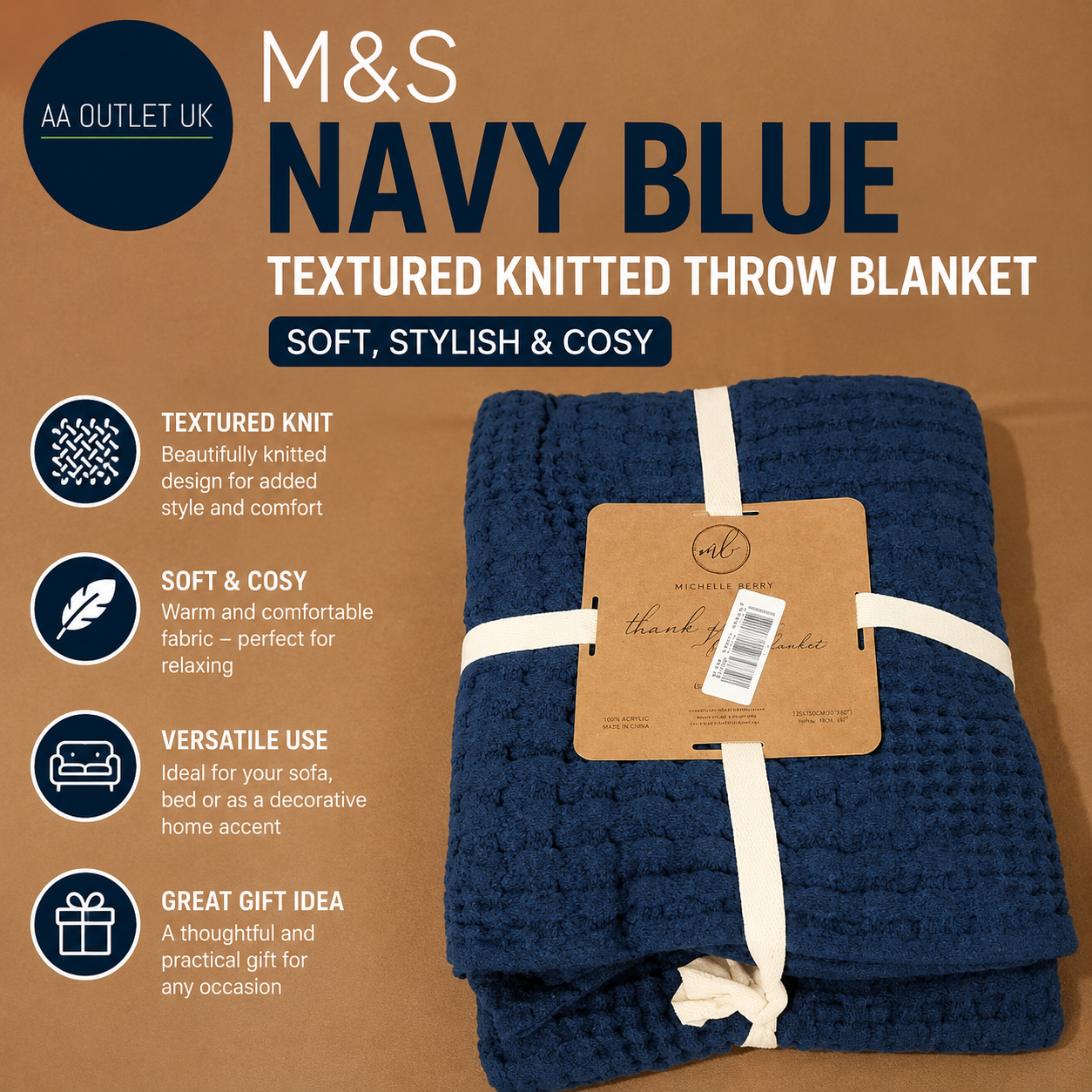 Milam London Cotton Throw Blanket Navy Blue Sofa Bed Armchair Cozy 120x180cm New