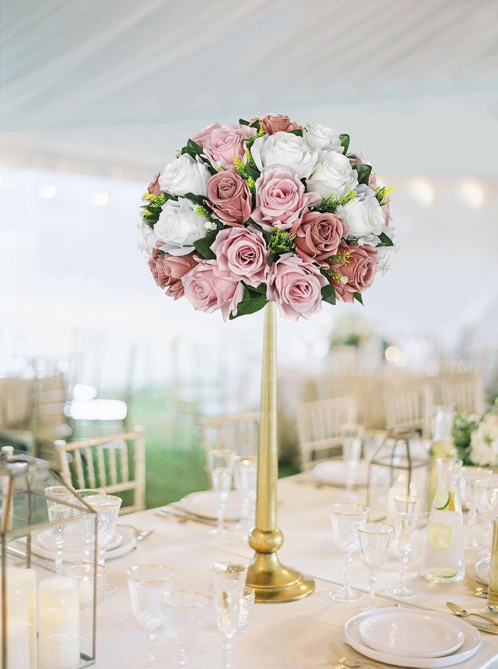 Oairse Artificial Flower Ball 30 Heads Silk Roses Fake Flowers 30cm Pink White