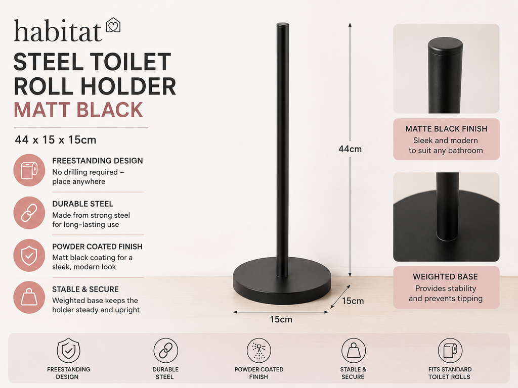 Habitat Steel Toilet Roll Holder Matt Black 44x15x15cm Powder Coated Steel