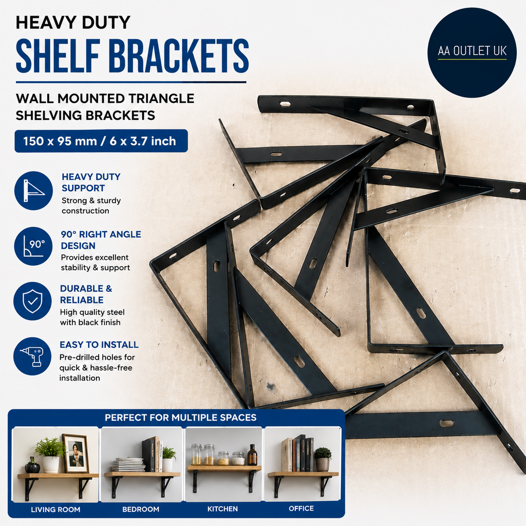 8 Pieces Shelf Brackets Heavy Duty Wall Mounted Triangle Shelving Black
