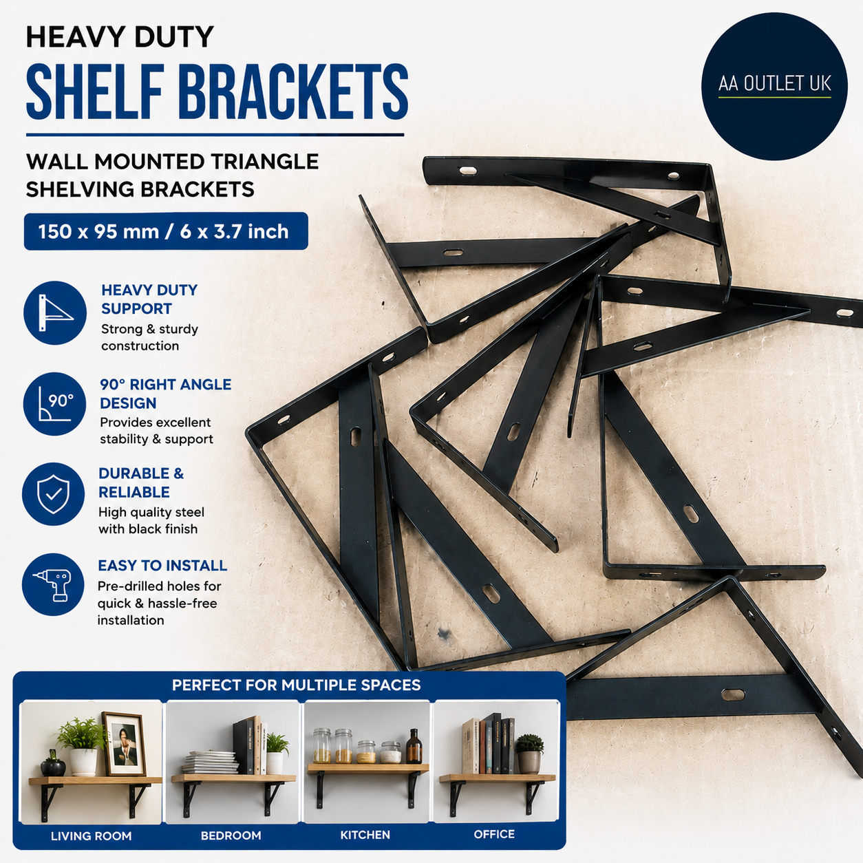 8 Pieces Shelf Brackets Heavy Duty Wall Mounted Triangle Shelving Black
