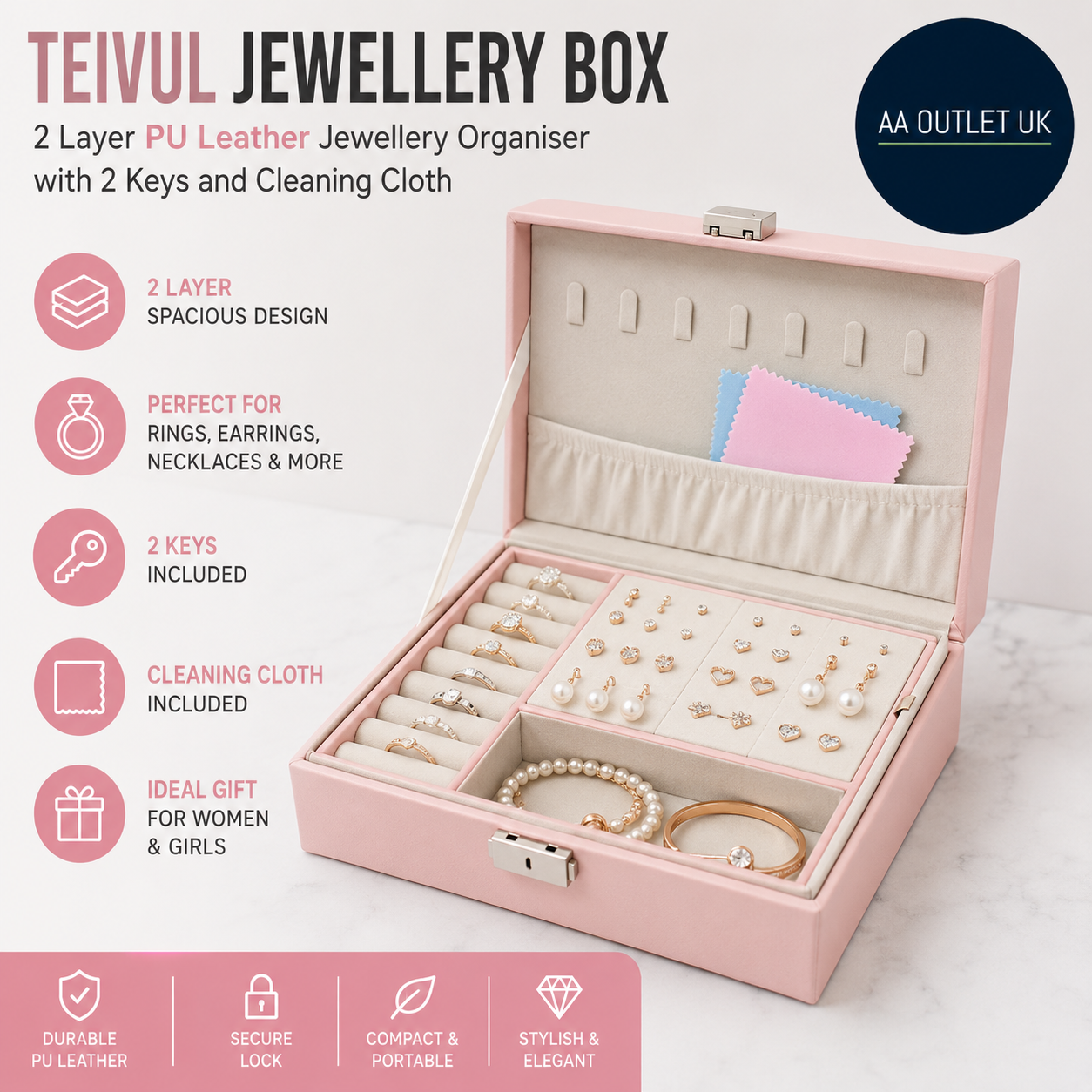 TEIVUL Jewellery Box 2Layer PU Leather Organiser Accessories 2Keys Pink
