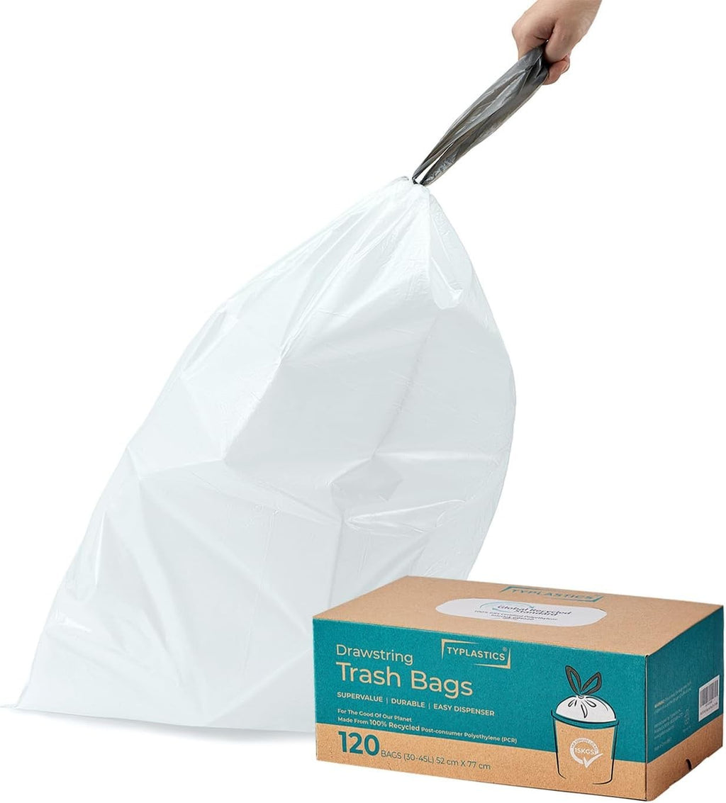 TYPLASTICS Bin Liners 30-45L Waste Bags Durable Drawstring Tie Handle White New