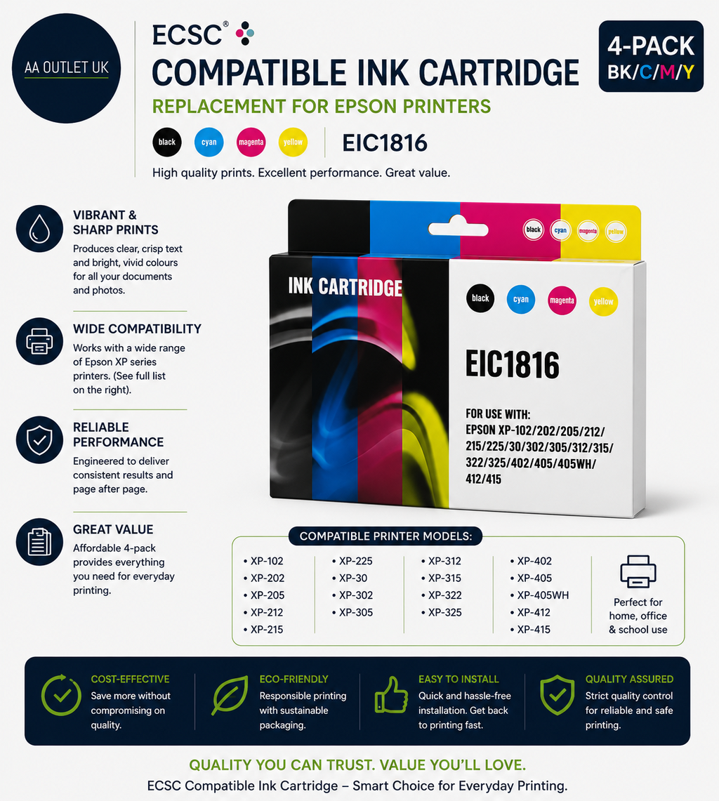 ECSC Compatible Ink Cartridge Replacement Epson Black Cyan Yellow Magenta 4pc