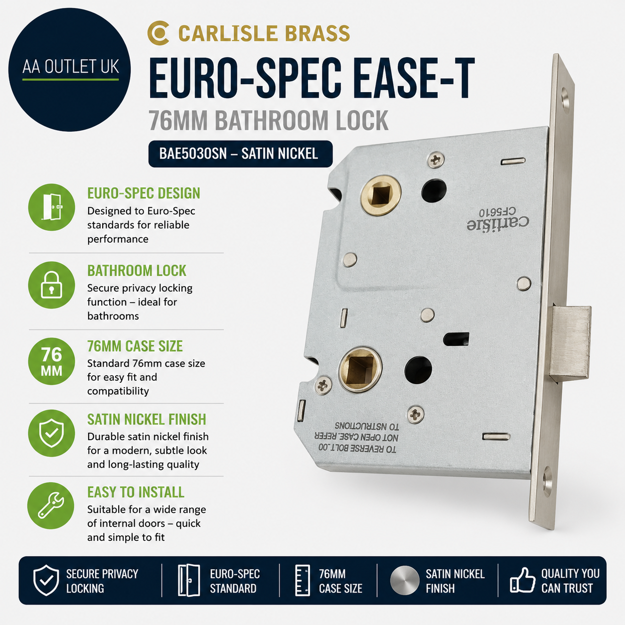 Carlisle Brass BAE5030SN Euro Spec Ease T 76mm Satin Nickel Bathroom Lock