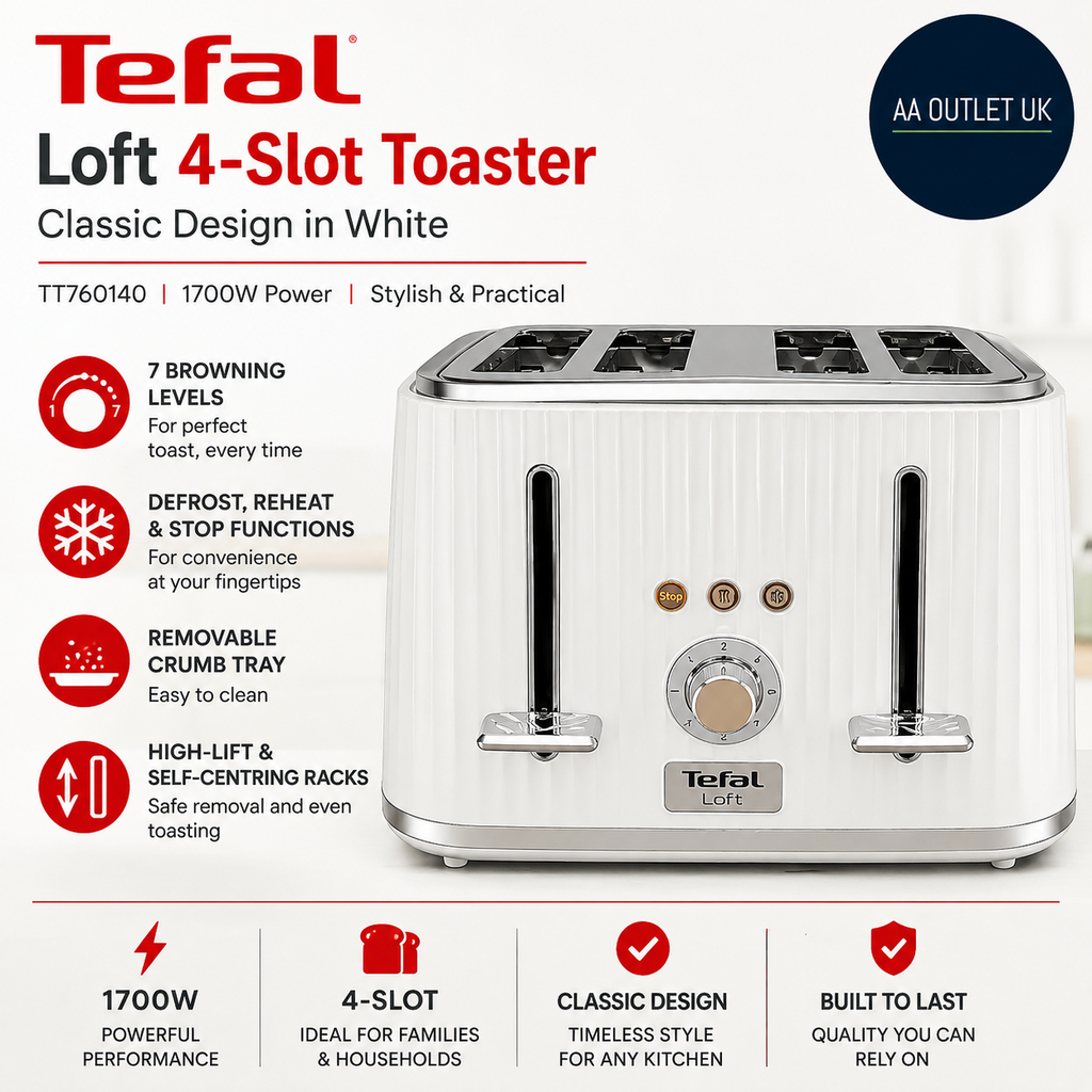 Tefal Loft TT760140 4 Slot Toaster 7 Browning Levels Stop Reheat Functions