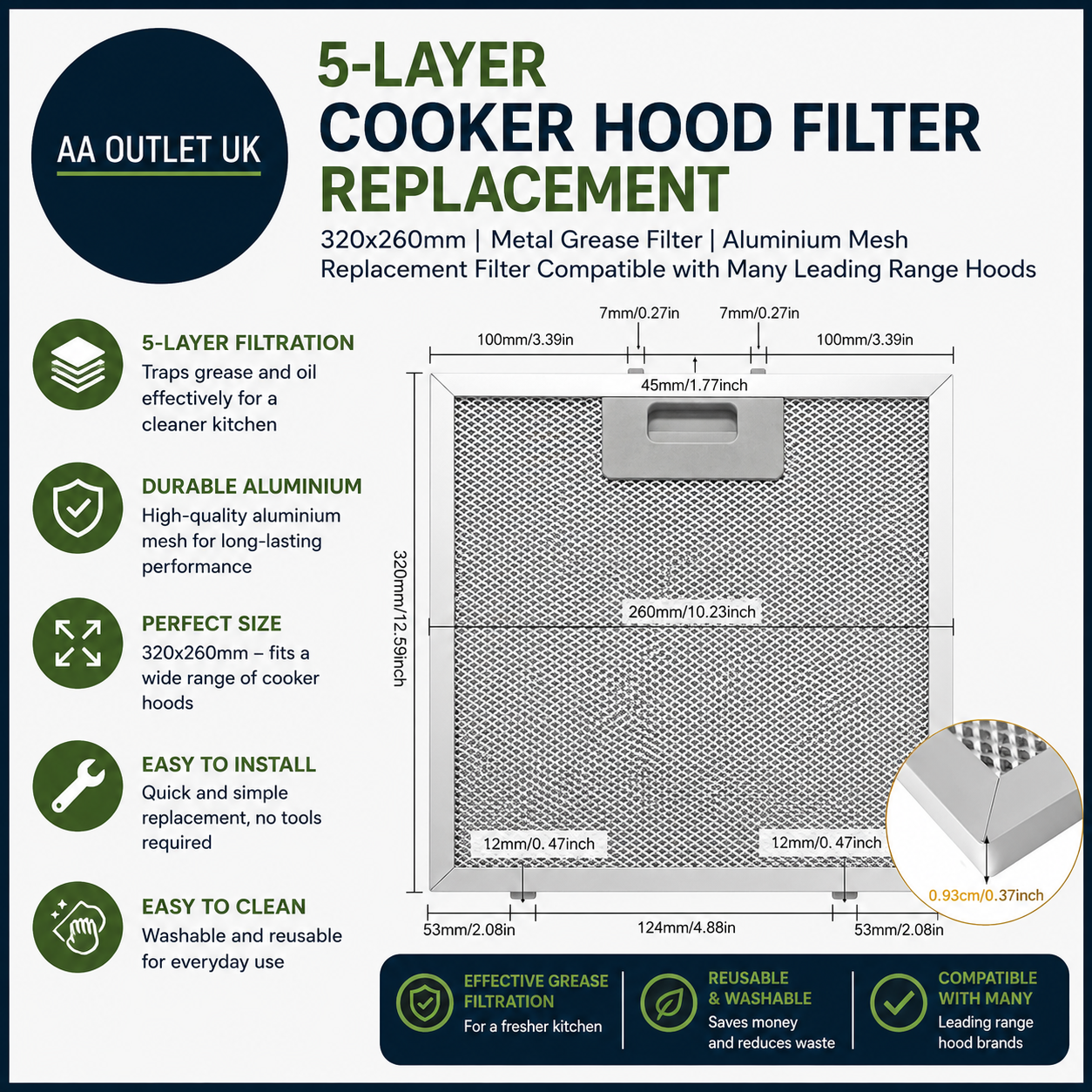 5 Layer Aluminium Cooker Hood Filter 320x260mm Metal Grease Mesh Hood