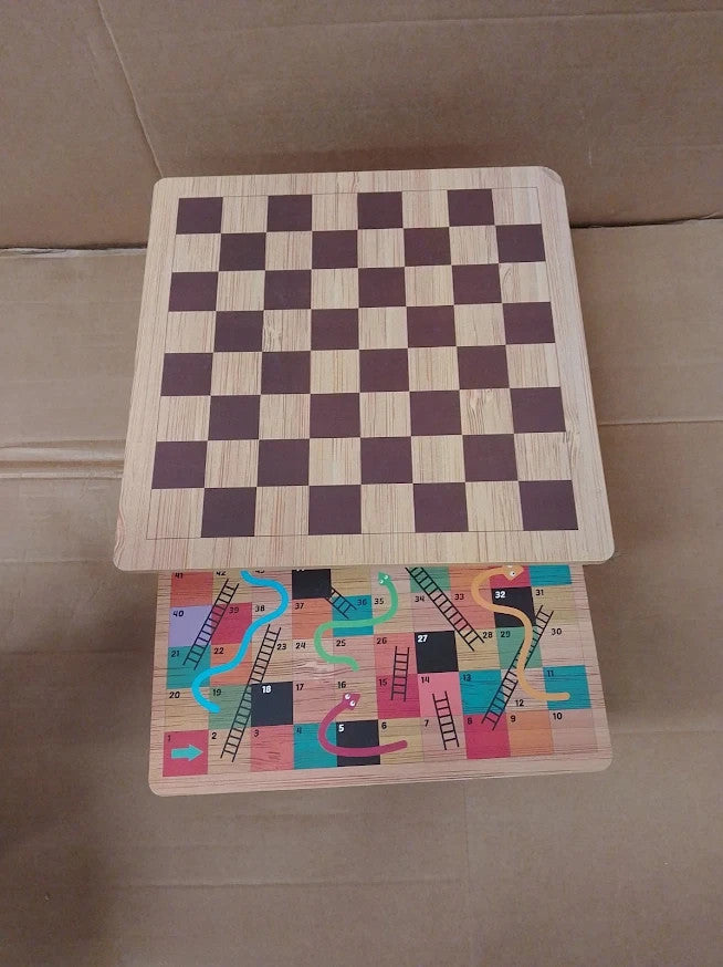 Mister Gadget Wooden Board Game Set Chess Backgammon Snakes Ladders Design New