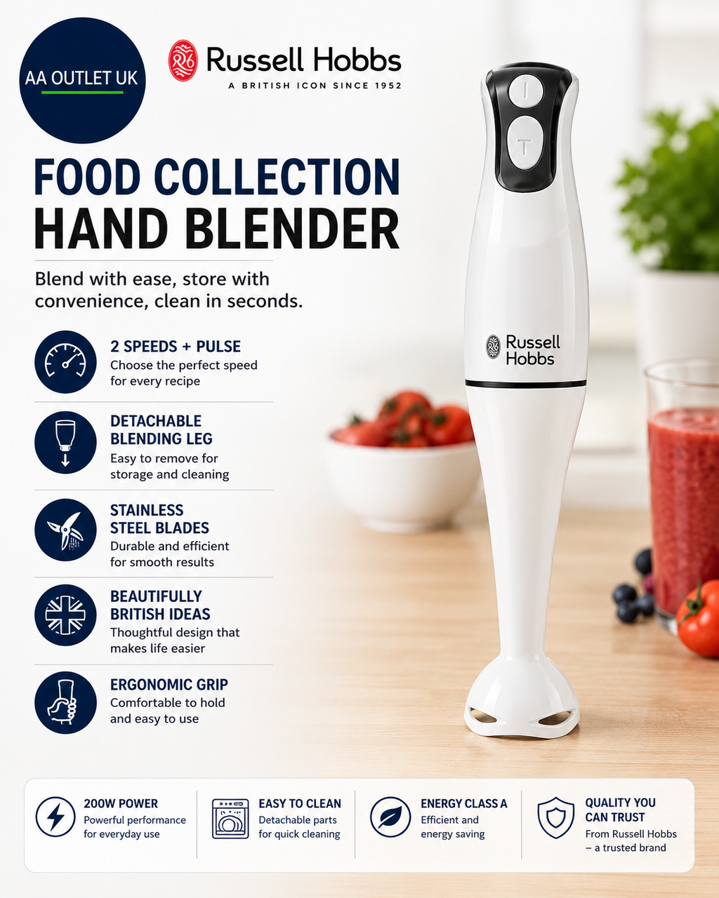 Russell Hobbs Food Collection Electric Hand Blender 2 Speeds Pulse Technology