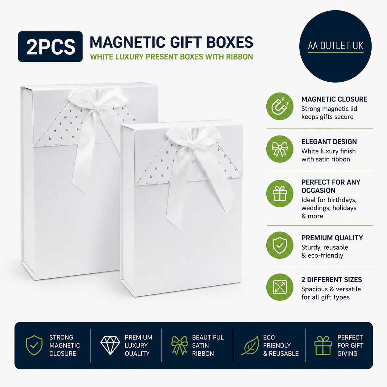 ASelected 2 Pieces Magnetic Gift Boxes White Luxury Present Ribbon Design