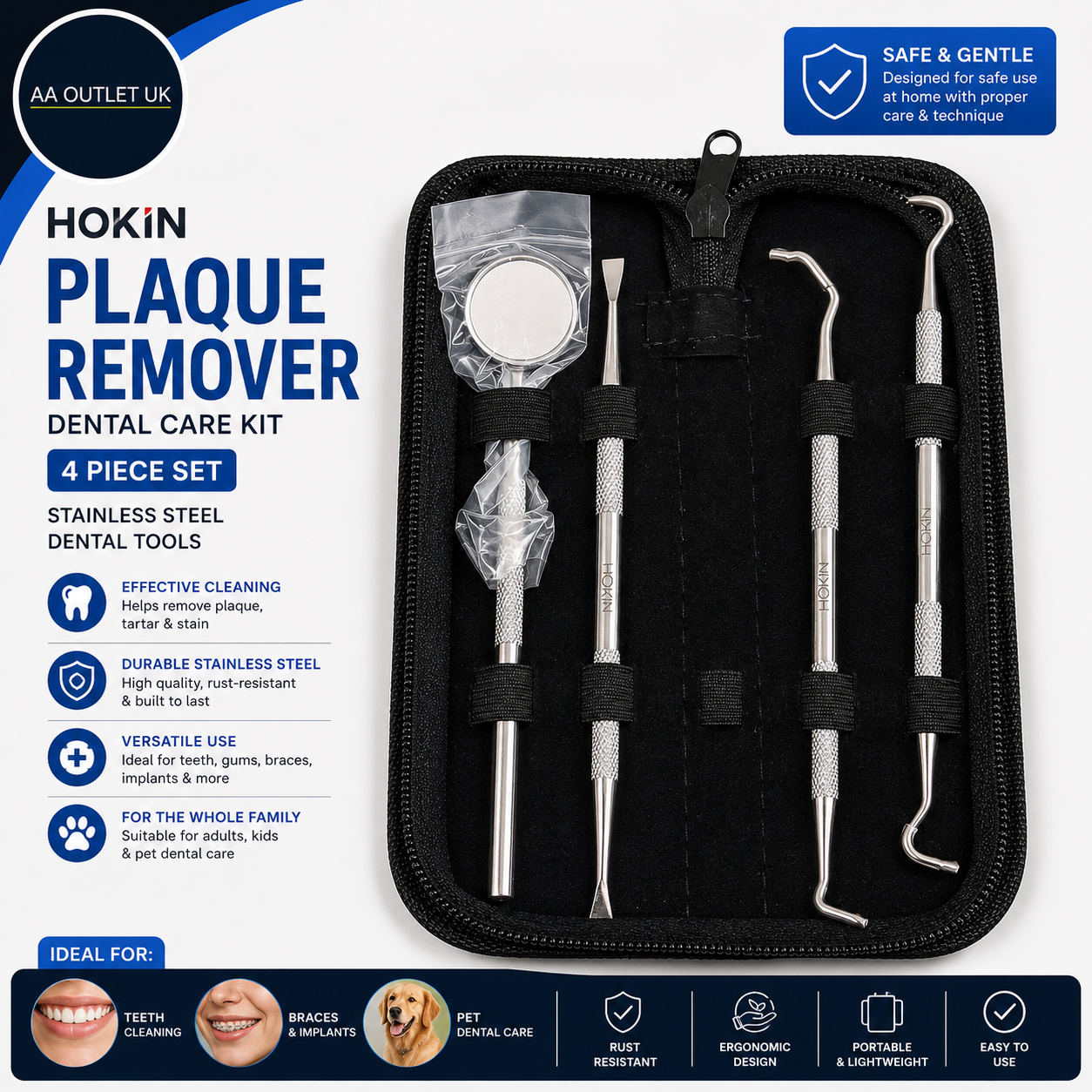 HOKIN Plaque Remover Teeth Cleaning Tool 4 Pieces Dental Care Kit Tooth Filling