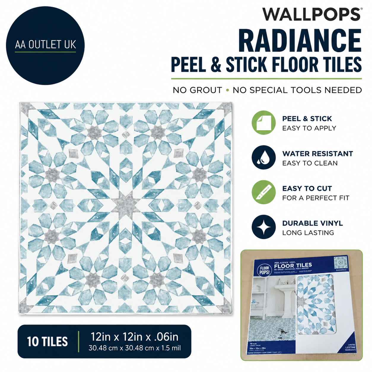 WallPops FP2949 Radiance Peel & Stick Floor Tiles Blue 12x12in 10 Pieces