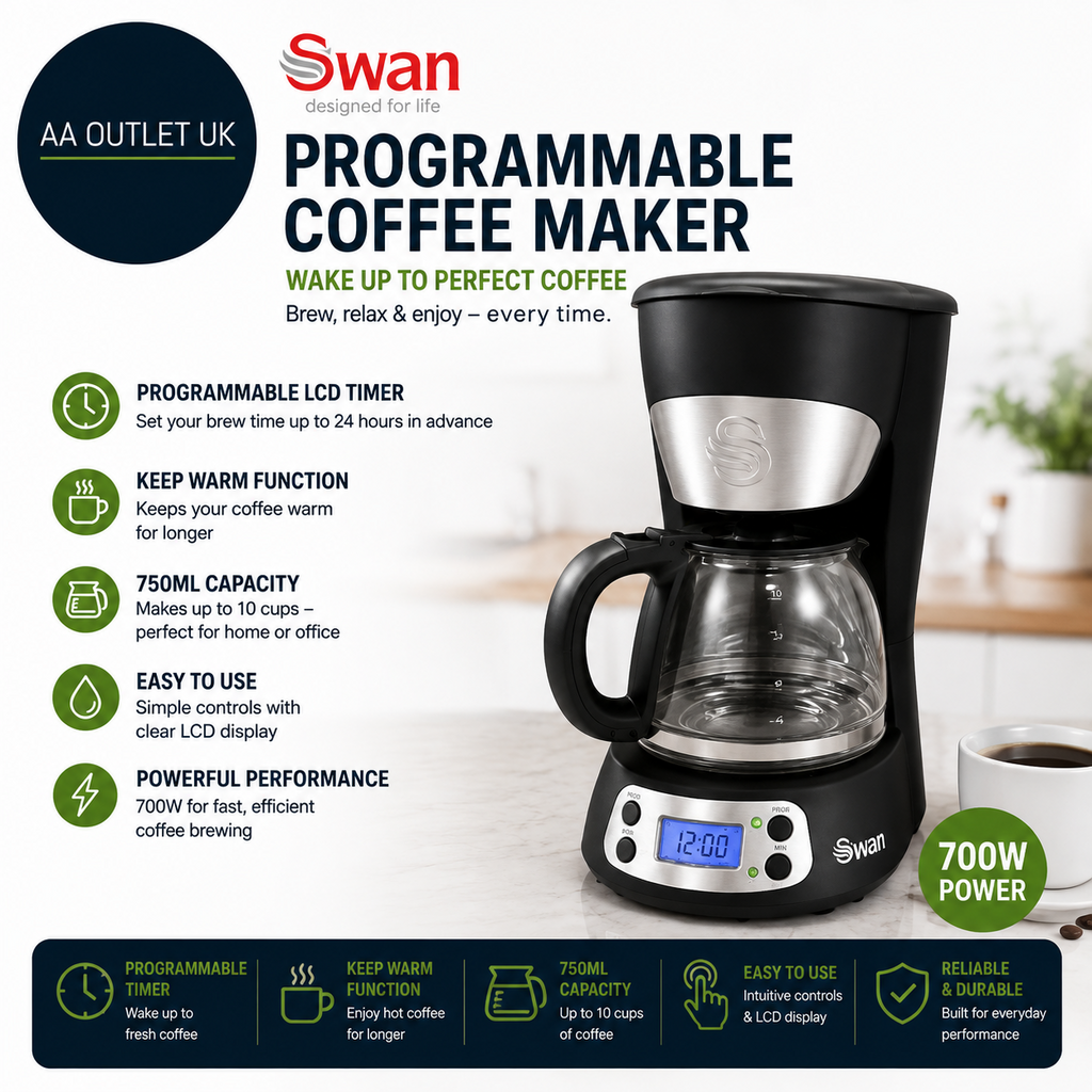Swan SK13130N Programmable Coffee Maker Keep Warm Function Lcd Timer 750m Black