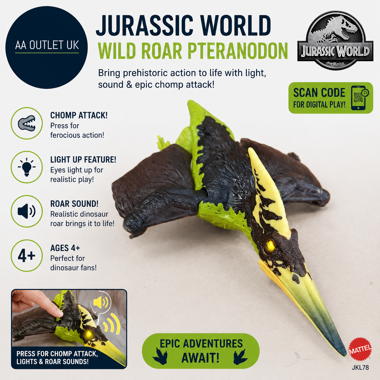 Mattel Jurassic World Wild Roar Pteranodon Dinosaur Action Figure Toy JKL78