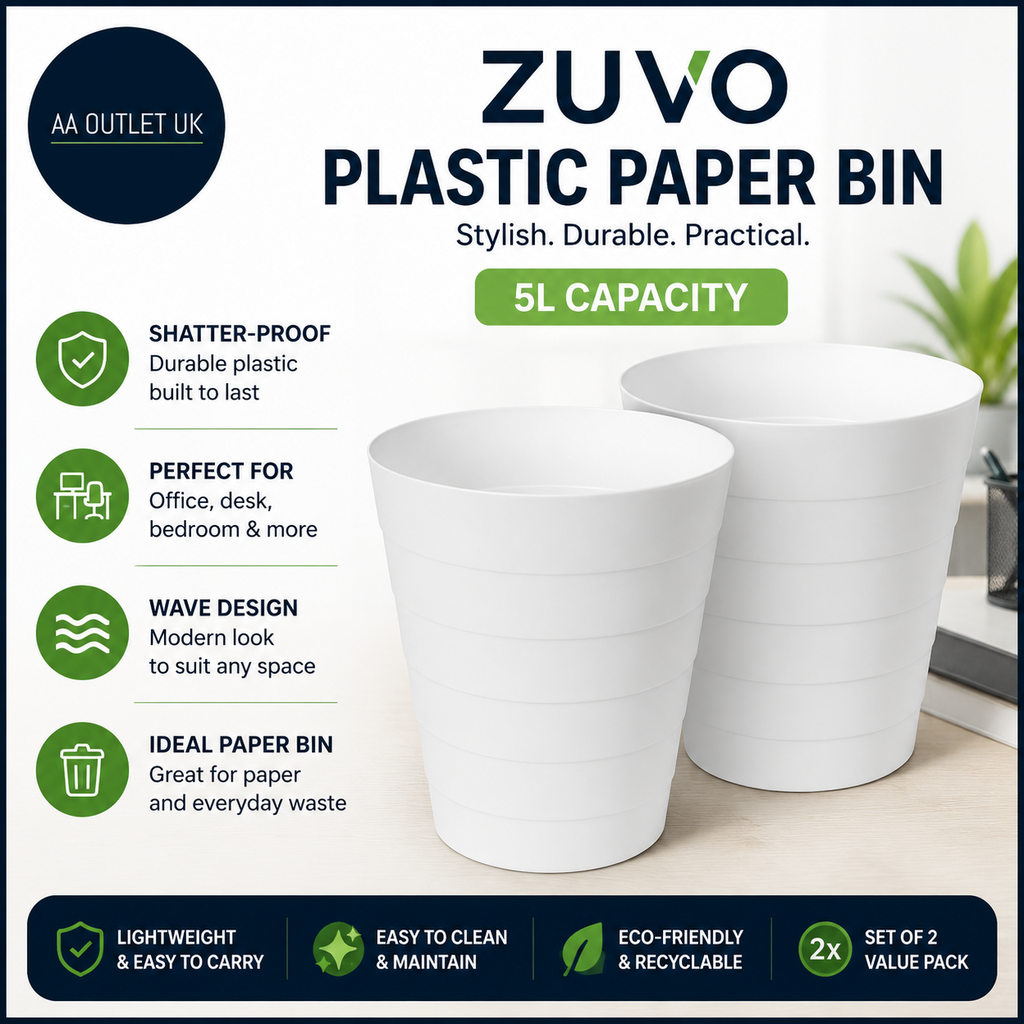 Zuvo Plastic Paper Bin 5L Shatter Proof Waste Basket Office Desk Bedroom White