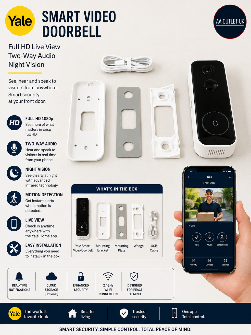 Yale Smart Video Doorbell Full HD Live View Two Way Audio Night Vision Design