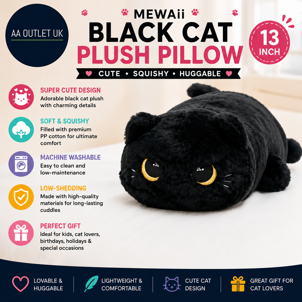Mewaii Black Cat Plush Pillow Cute Plushies Squishy Huggable 13in Washable