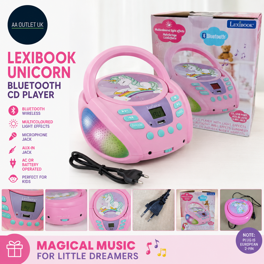 Lexibook Unicorn Bluetooth CD Player Kids Portable Multicoloured Light Effects