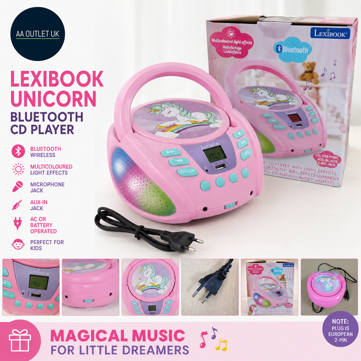 Lexibook Unicorn Bluetooth CD Player Kids Portable Multicoloured Light Effects