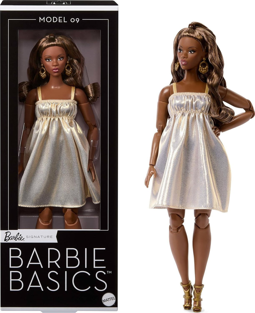 Barbie Basics Model Collector Fashion Doll 09 Brunette Hair Golden Dress New