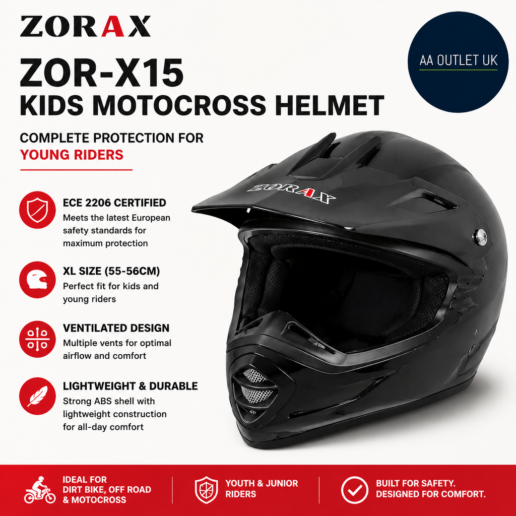 Zorax ZORX15 Black XL 55 To 56cm Kids Children Motocross Motorbike Helmet