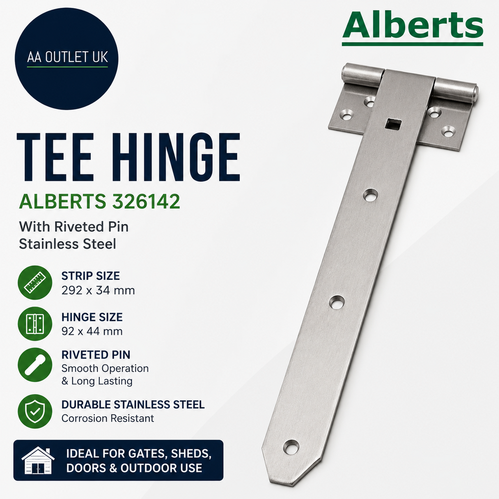Alberts 326142 Tee Hinge Riveted Pin Stainless Steel Strip 292x34mm