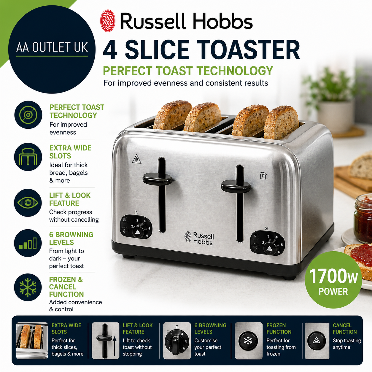Russell Hobbs 4 Slice Toaster With Perfect Toast Technology Improved Evenness