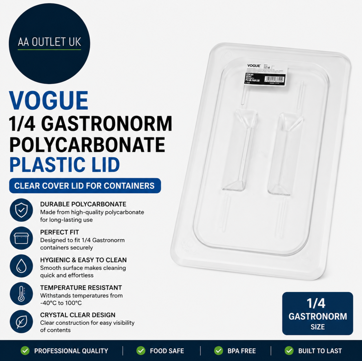 Vogue Polycarbonate Plastic 1/4 Gastronorm Lid Clear Cover Containers U247 Clear
