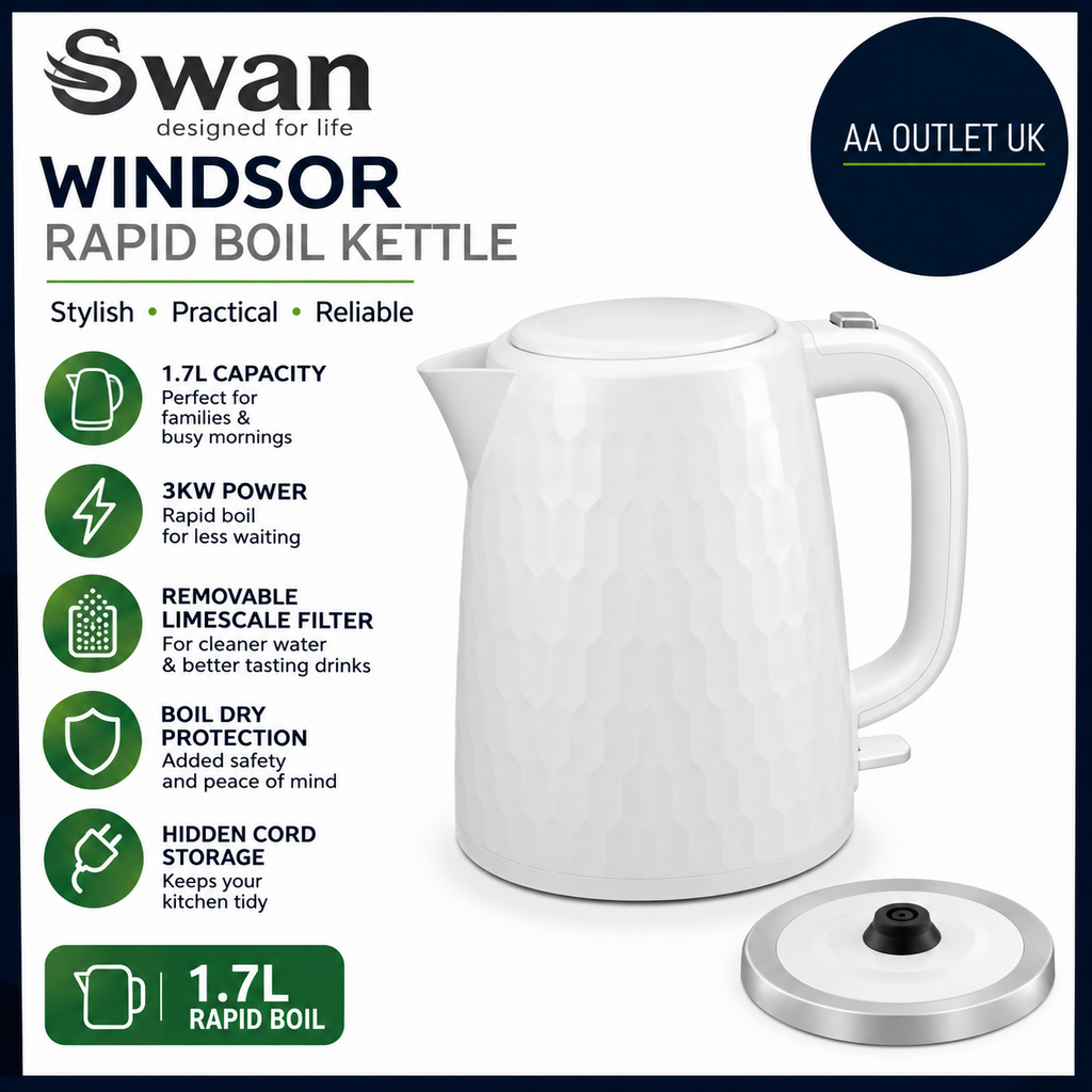 Swan SK14611WHT Windsor Rapid Boil Kettle Removable Limescale Filter 3Kw 1.7L