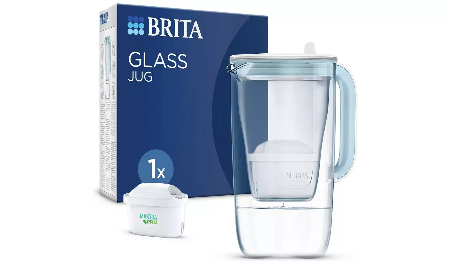 Brita Glass Water Filter Jug Light Blue 2.5L Dish Washer Safe New