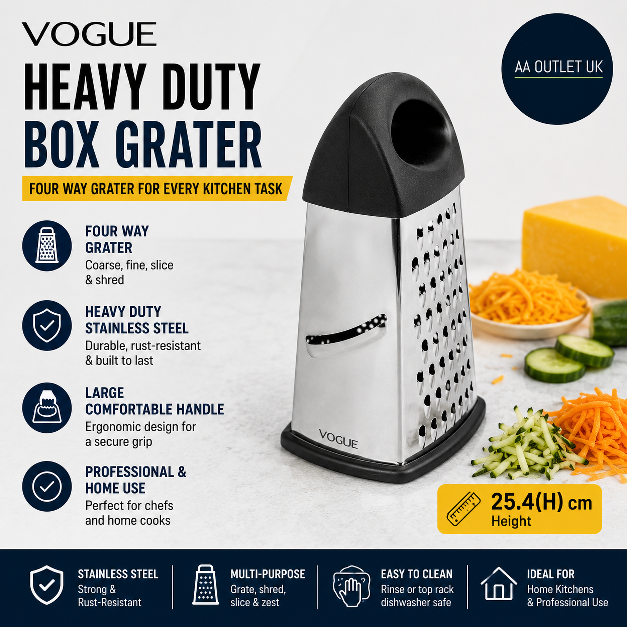 Vogue Heavy Duty Box Grater Stainless Steel Black Four Way 25.4cm Large Handle