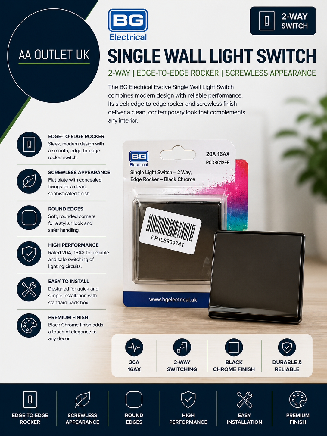 BG Electrical Single Wall Light Switch 2 Way Edge To Edge Rocker PCDBC12EB