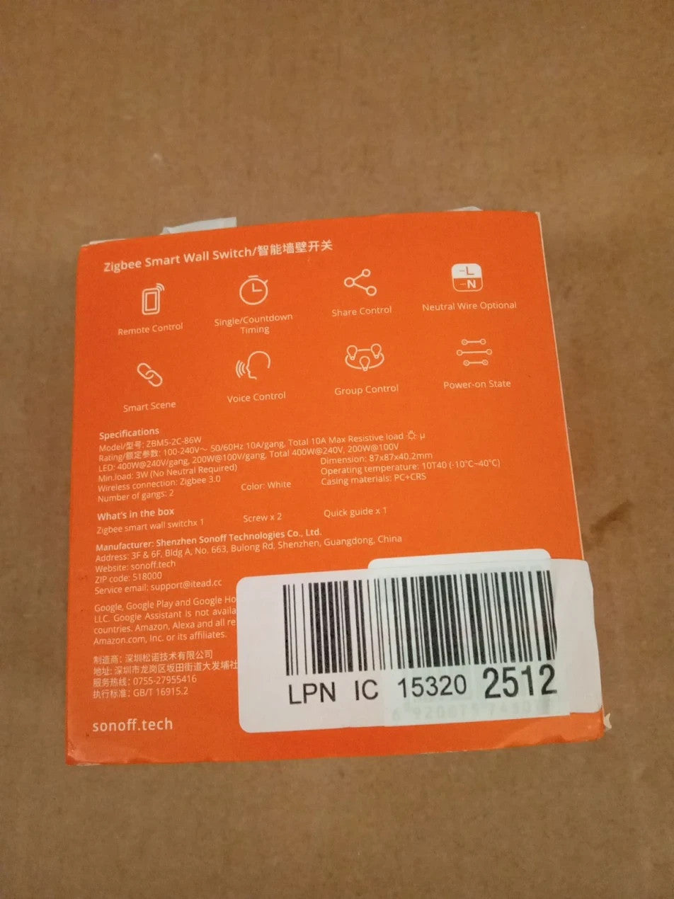 Sonoff Zigbee Smart Light Zigbee Switch ZBM586 Type 2 Gang Neutral White New