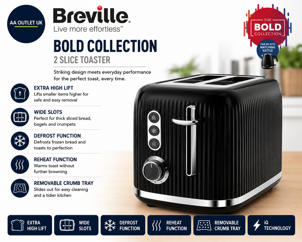Breville Bold 2 Slice Toaster High Lift & Wide Slots Black  Silver Chrome VTR001