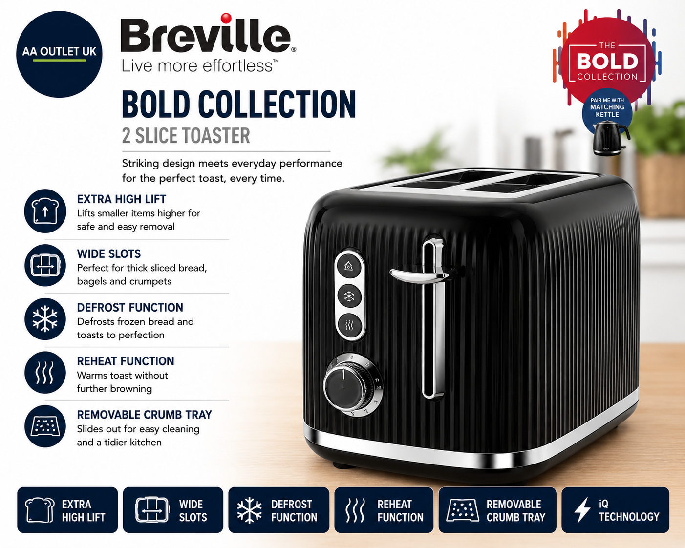 Breville Bold 2 Slice Toaster High Lift & Wide Slots Black  Silver Chrome VTR001