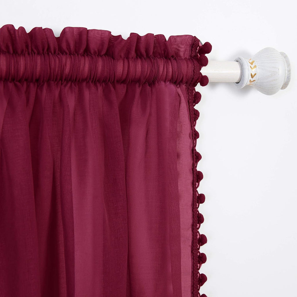 Elegant Comfort Semi Sheer Pom Pom Tassels Curtains Solid Sheer Burgundy New