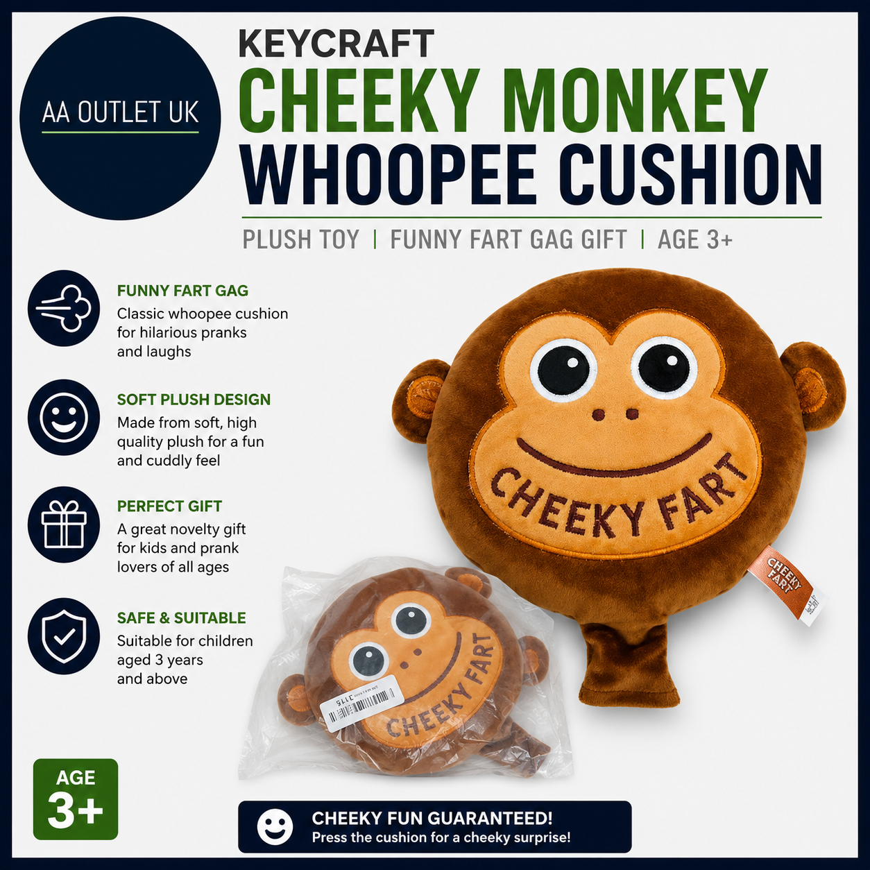 Keycraft Cheeky Monkey Whoopee Cushion Plush Toy Funny Fart Gag Gift Age 3+ New