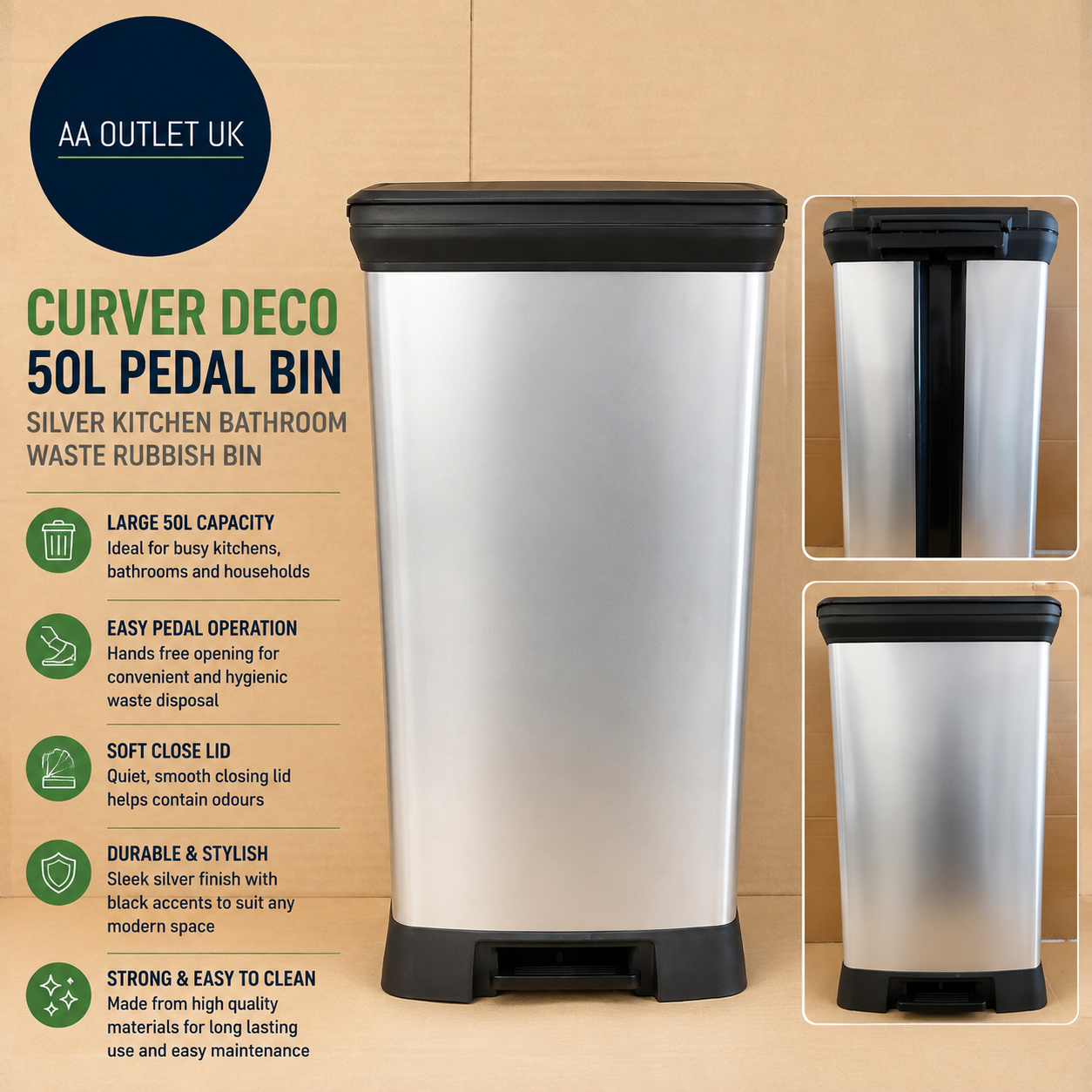 Curver Deco 50L Pedal Bin Silver Kitchen Bathroom Waste Rubbish Quality Design